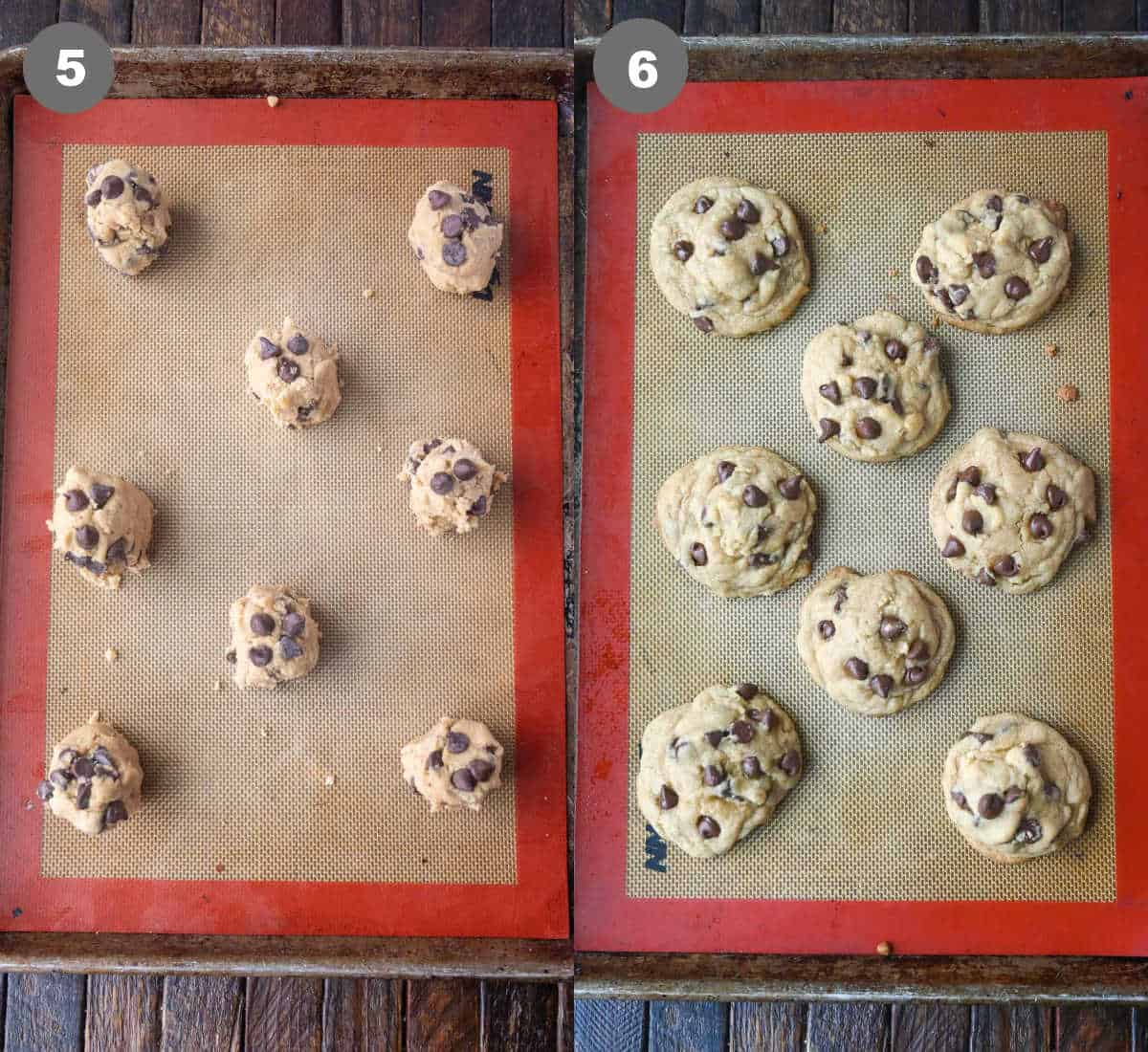 Chocolate chip dough balls placed on a baking sheet and baked.