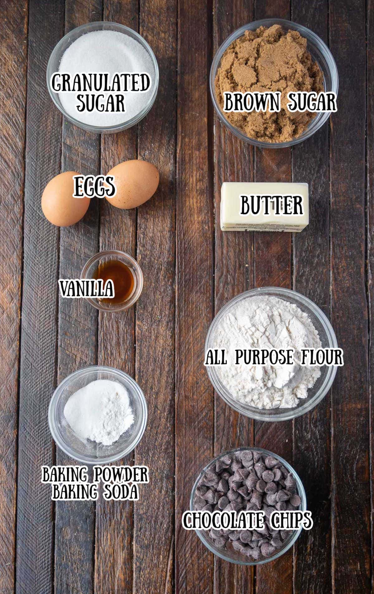 Ingredients for bakery style chocolate chip cookies.