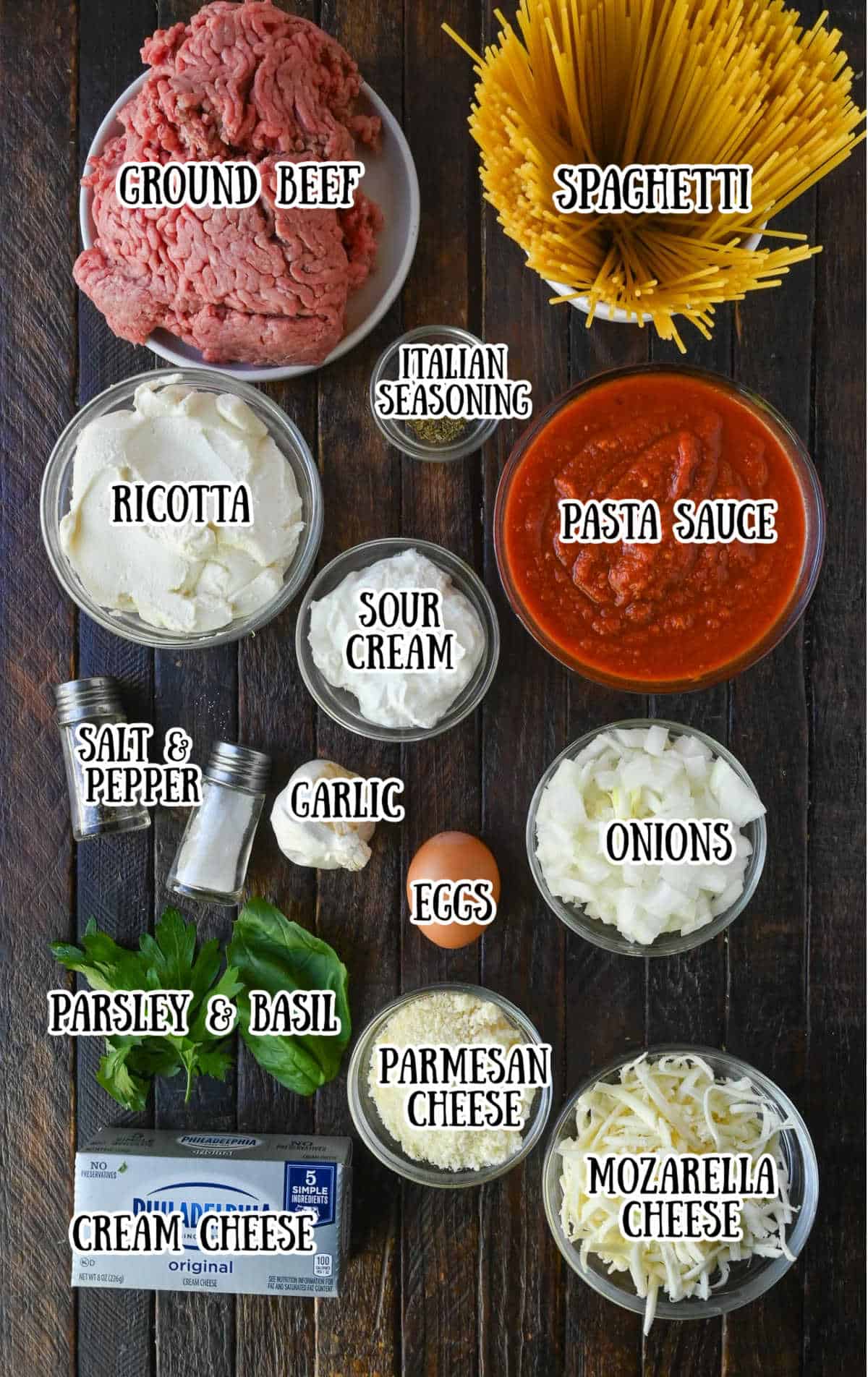 All the ingredients needed for this baked spaghetti.