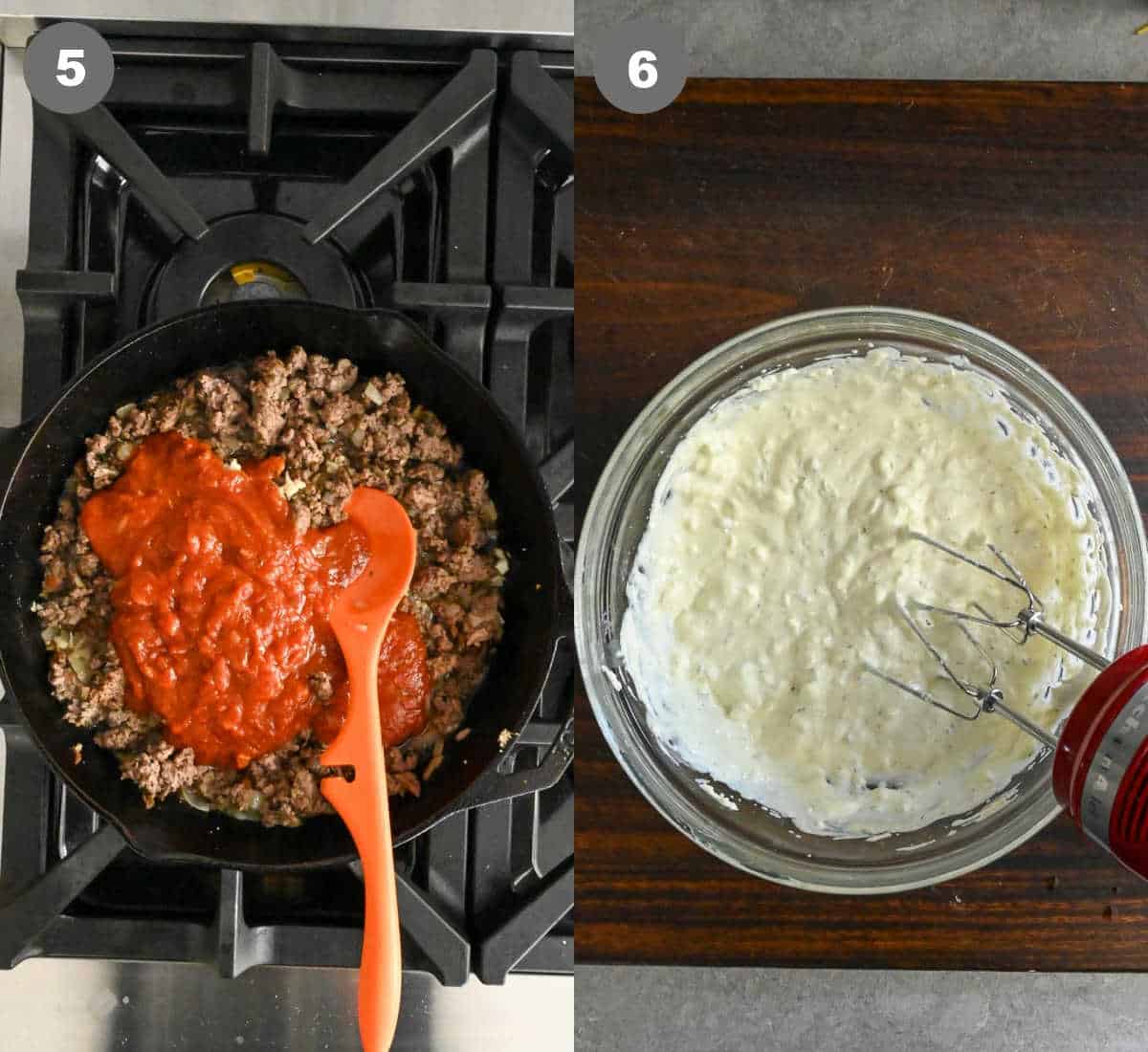 Spaghetti sauce added to the ground beef and cheese mixture blended together in a bowl.