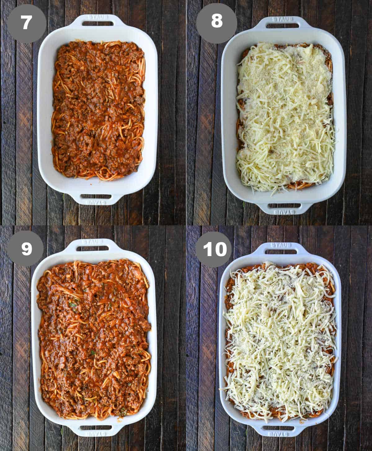 Baked spaghetti that has been layered in a casserole dish.