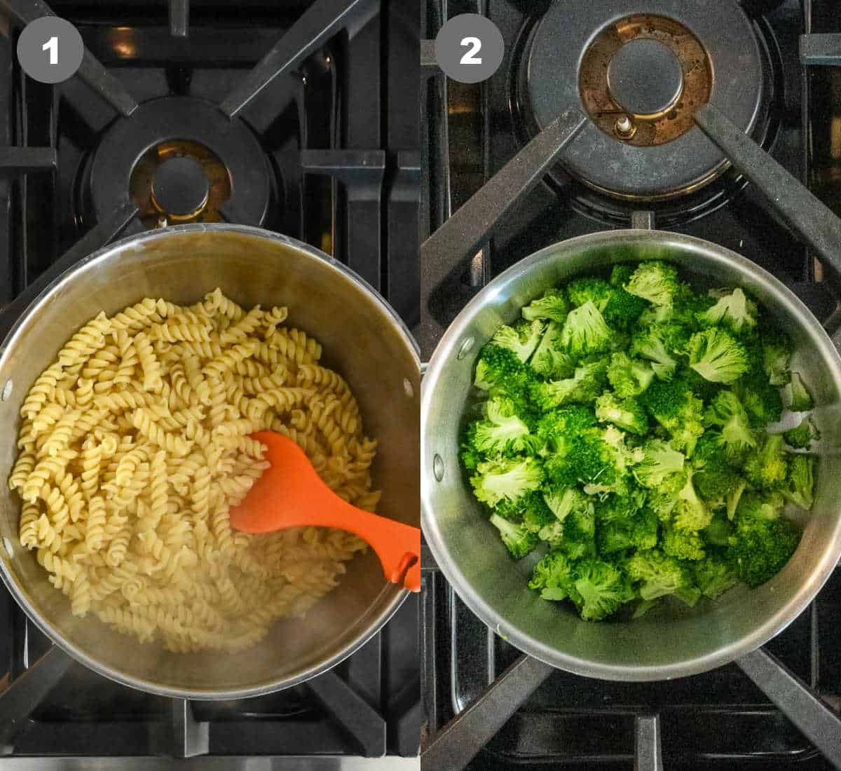 Steps 1 and 2 for making chicken broccoli alfredo pasta bake.