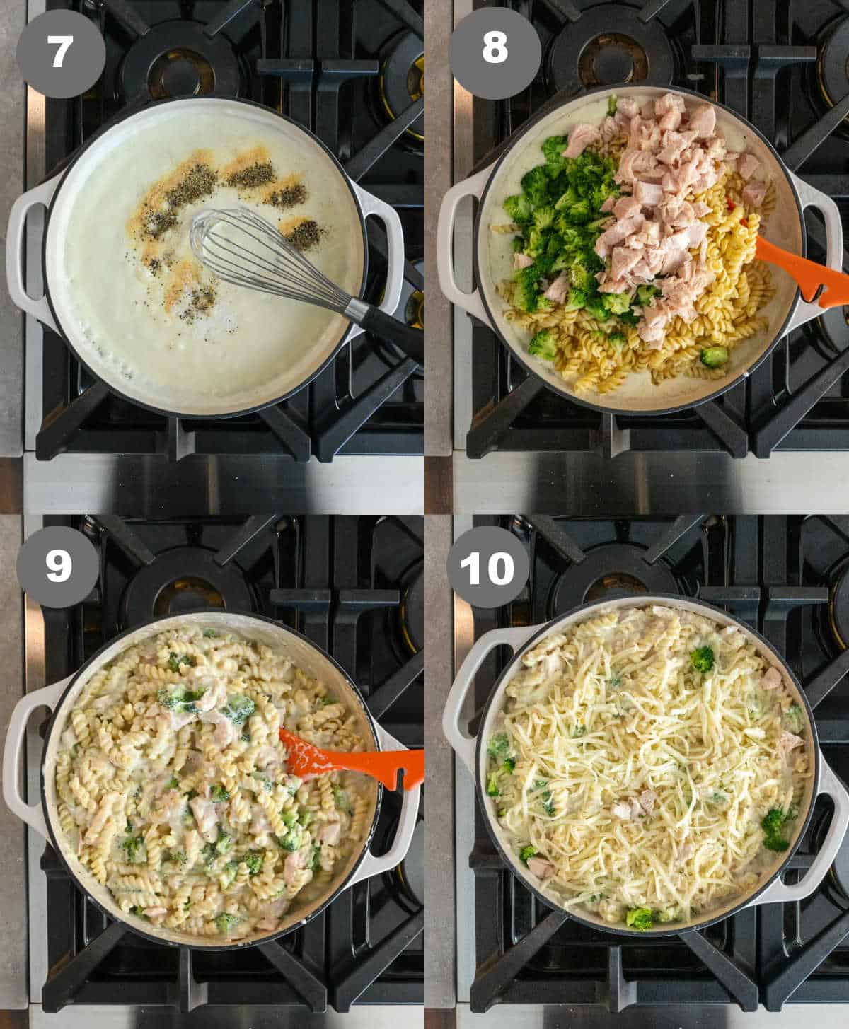 Steps 7 and 10 for making chicken broccoli alfredo pasta bake.