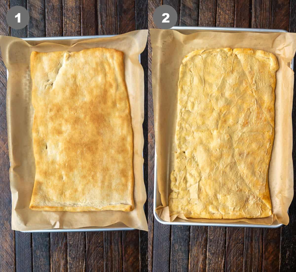 crescent roll dough baked on a baking sheet then mustard spread over the top.