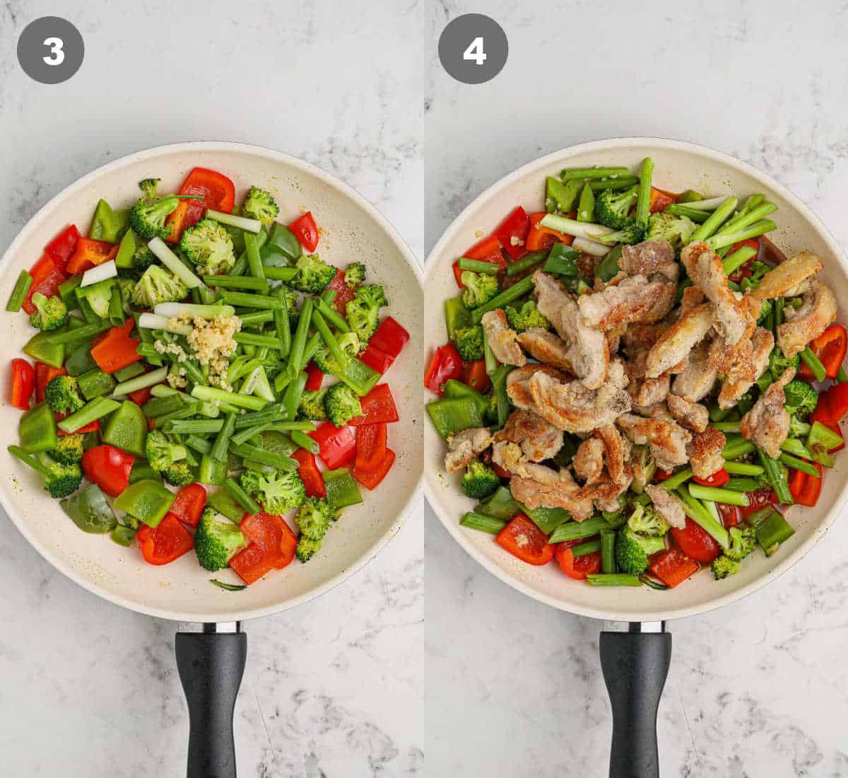 Two side by side images showing steps 3 and 4 of how to make hunan chicken.