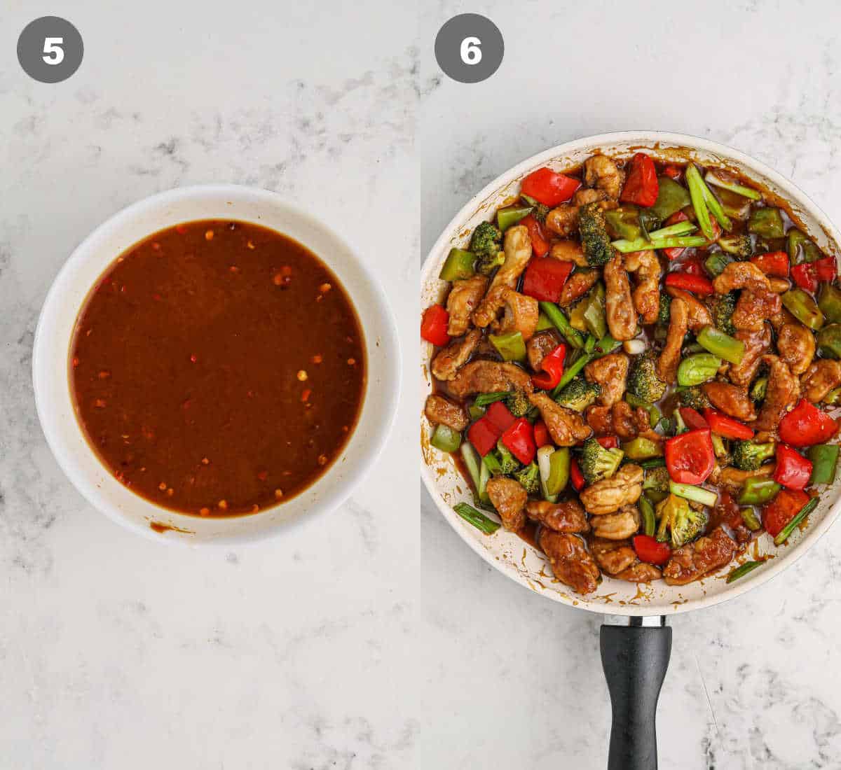 Two side by side images showing steps 5 and 6 of how to make spicy hunan chicken.