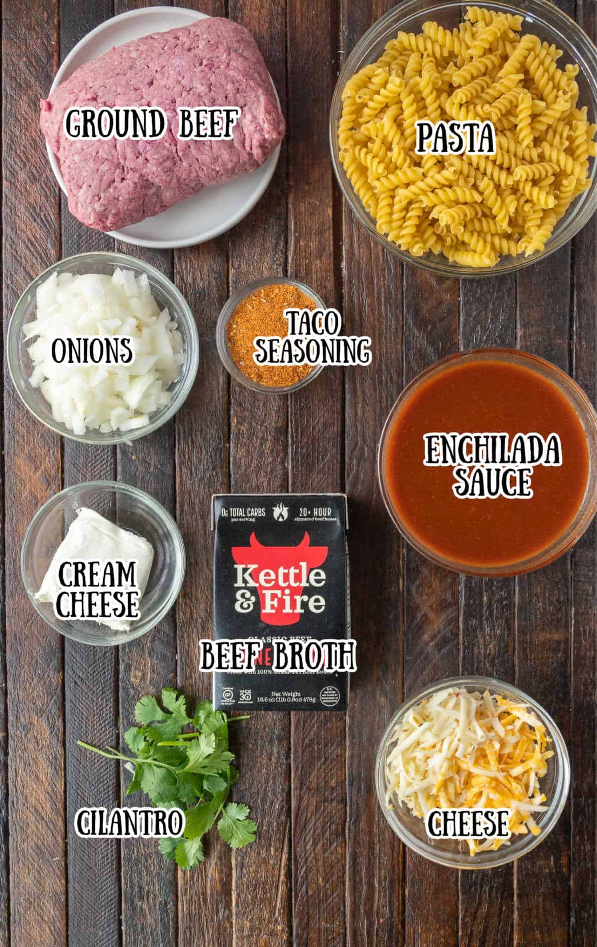 Labeled ingredients for one pot enchilada pasta on a brown counter.