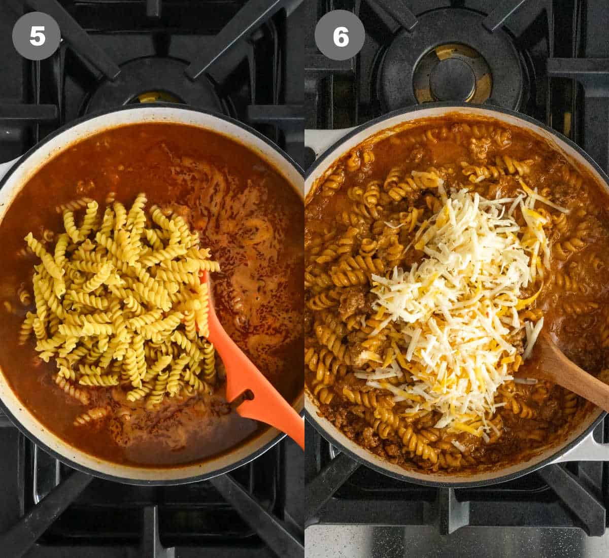 Steps 5 and 6 for cooking one pot enchilada pasta.
