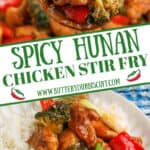 Pinterest image with two pictures of hunan chicken stacked on top of each other.