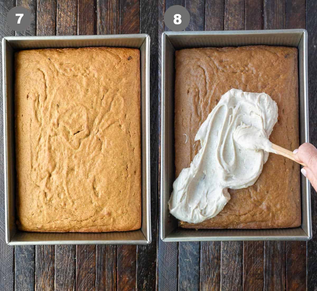 Sweet potato cake is baked and cooled then frosting is spread on top.