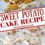 Sweet potato cake with a bite out of it and a spatula picking one up pinterest pin.