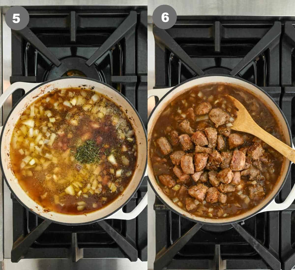 Steps 5 and 6 for making beef tips and gravy.
