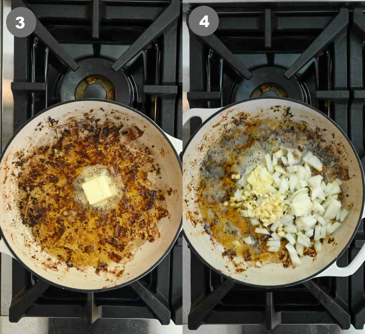 Steps 3 and 4 for making beef tips and gravy.