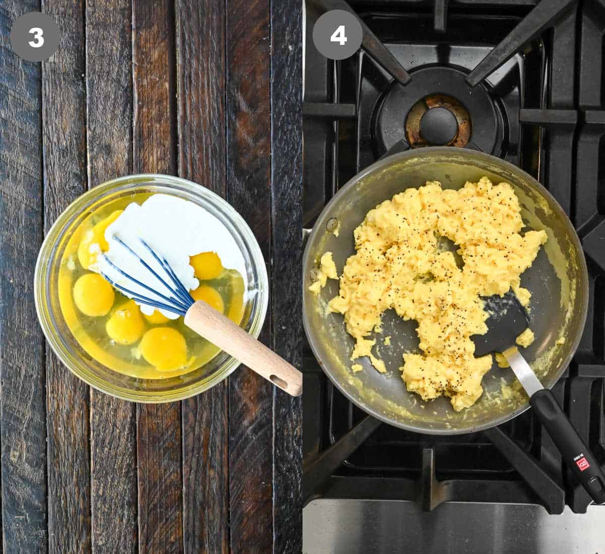 Eggs in a bowl being whisked then placed in a skillet to cook.