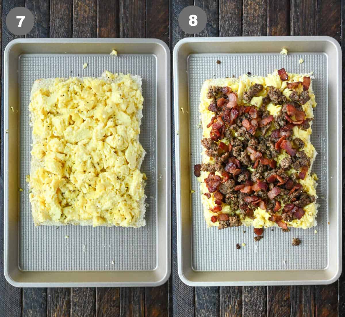 Scrambled eggs placed on bottom buns followed by sausage and bacon.