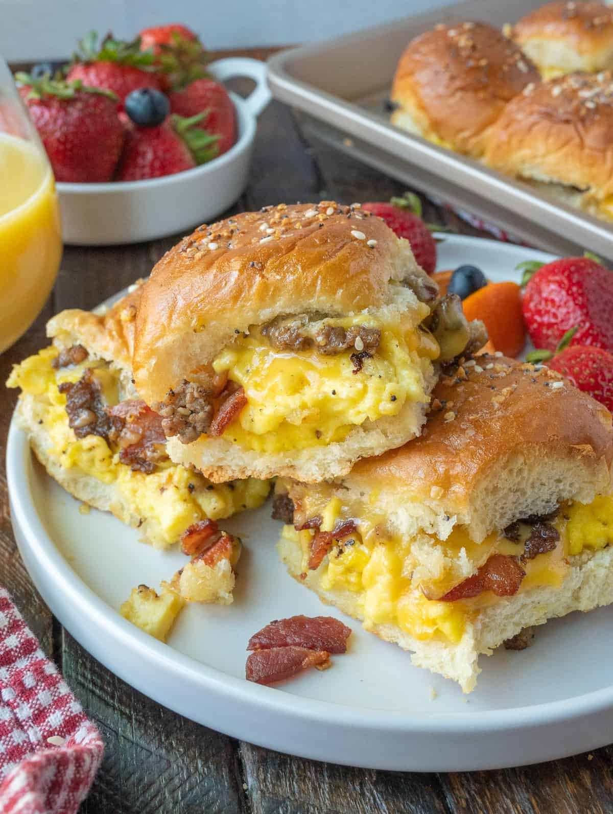 Breakfast sliders on a plate.