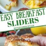 Breakfast sliders on a platter and one with a bite out of it pinterest pin.