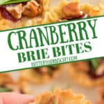 Cranberry brie cups on a platter and one being help pinterest pin.