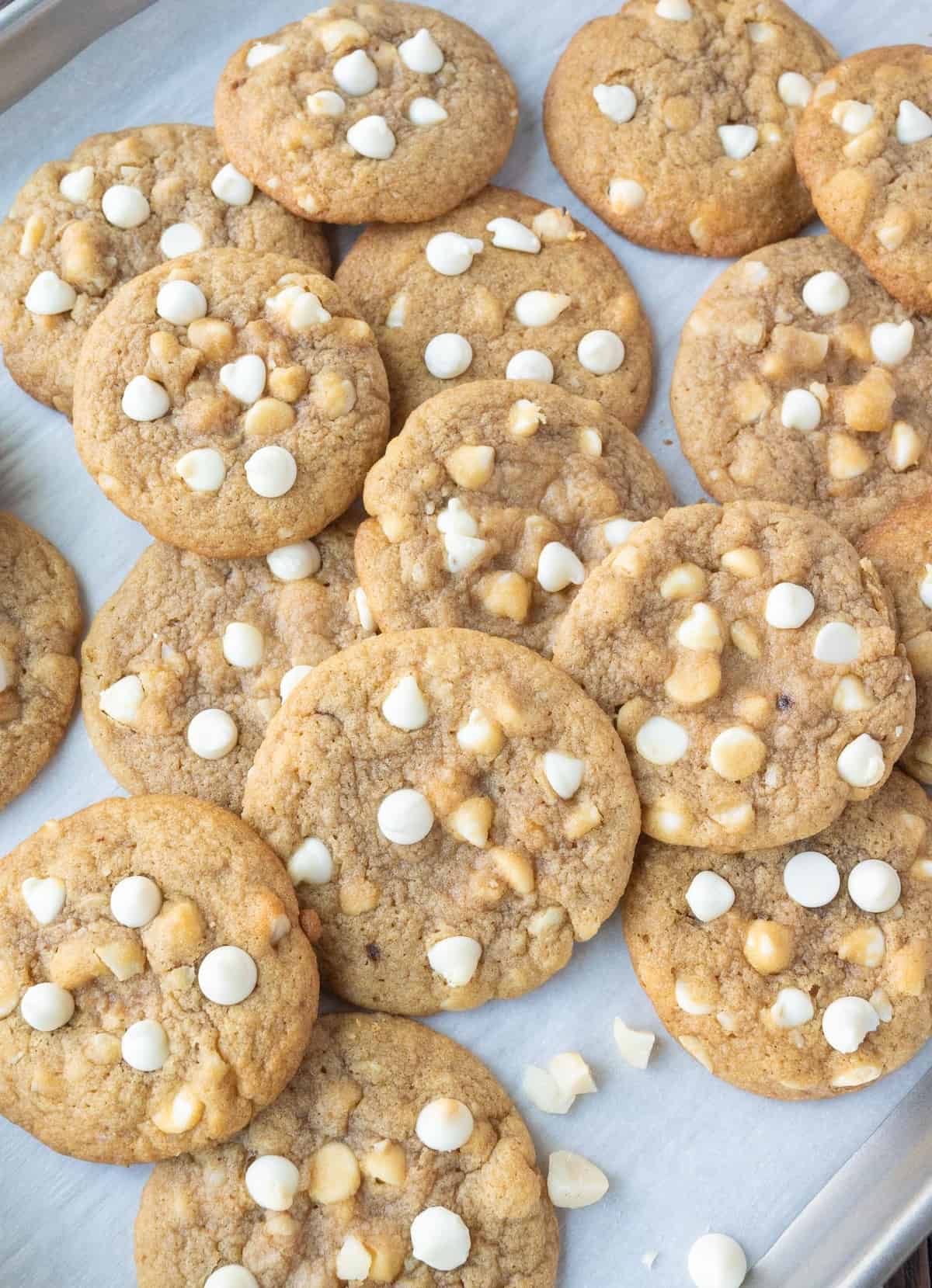 Freshly baked macadamia nut cookies on a parchment lined baking tray.