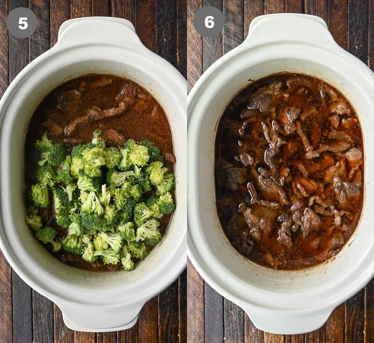 Steps 5 and 6 for making slow cooker beef and broccoli.
