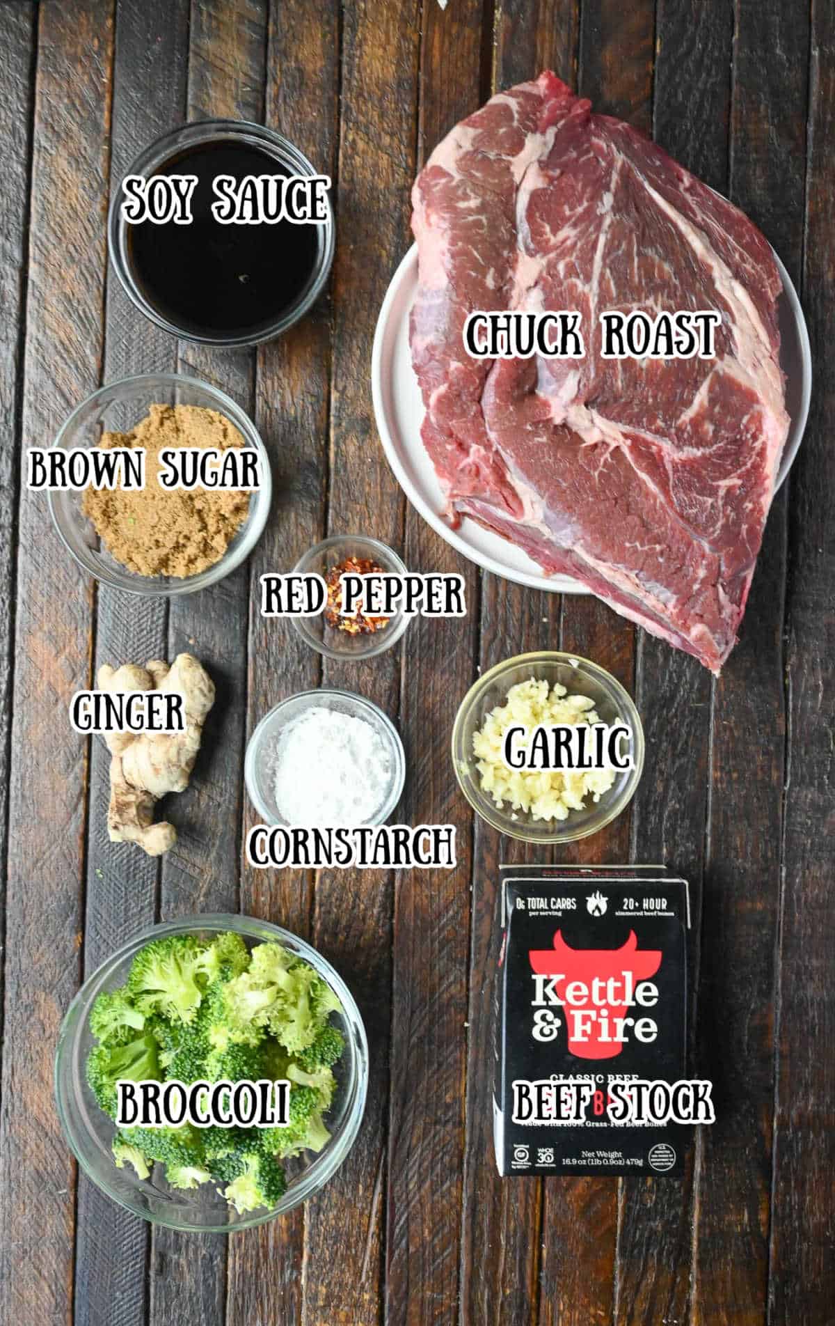 Labeled ingredients for slow cooker teriyaki beef and broccoli.