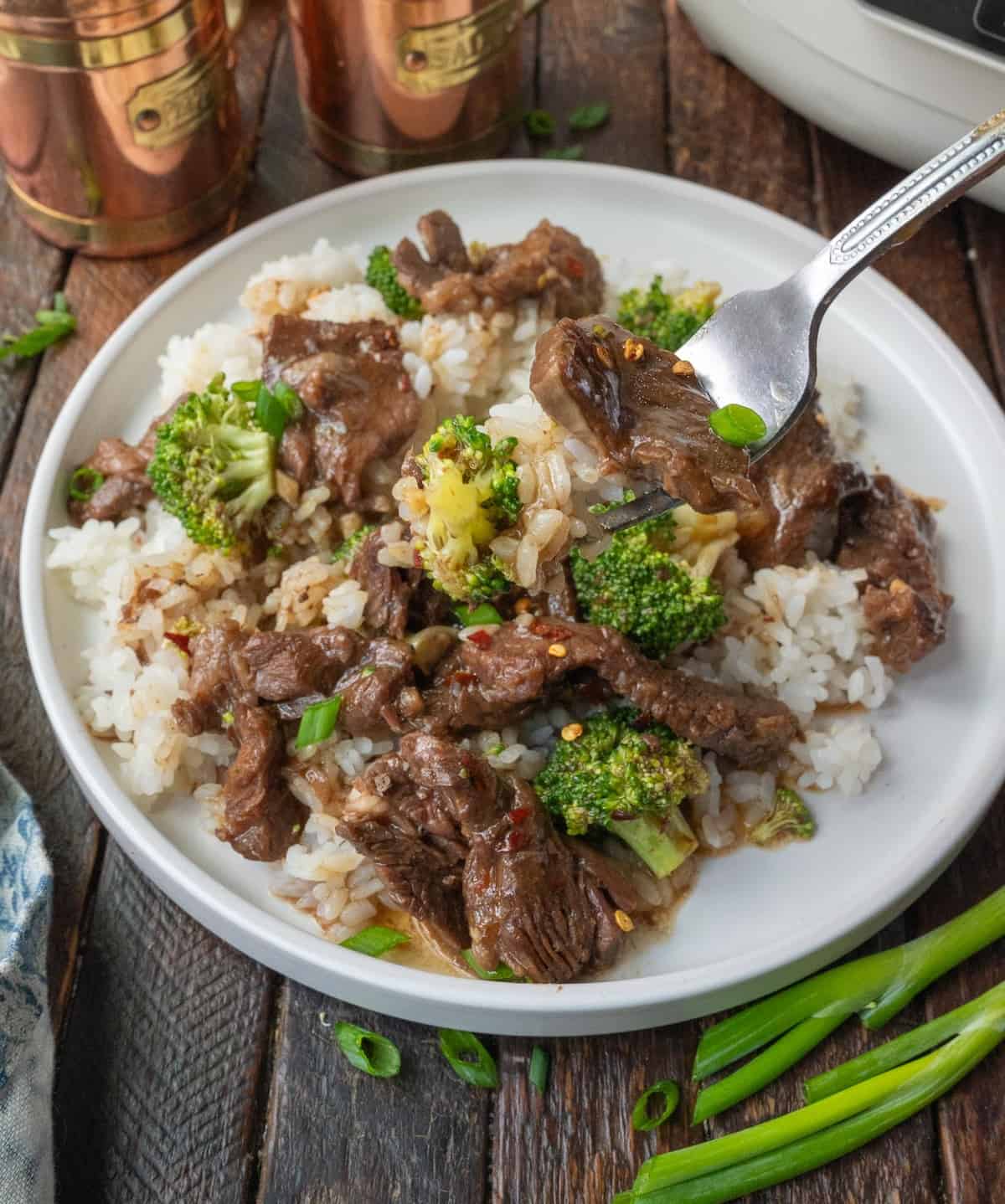 Shot of a fork picking up a bite of beef and broccoli with rice.