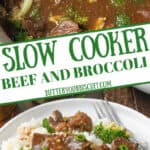 Pinterest graphic featuring two stacked images of crock pot teriyaki beef and broccoli.