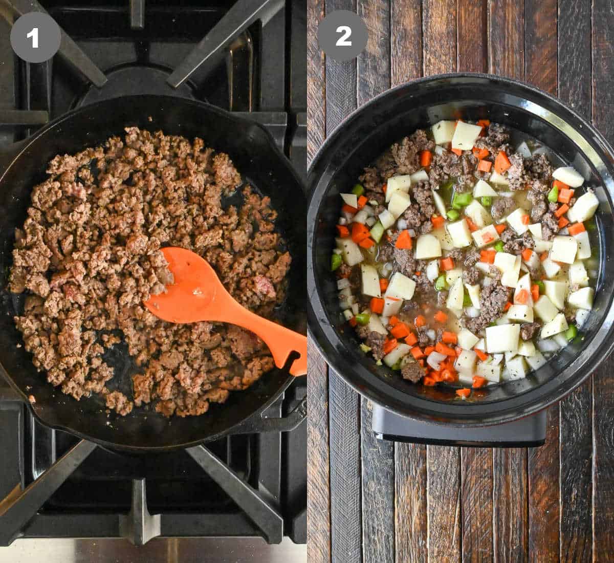 Ground beef cooked in a skillet then added to the slow cooker with the rest of the vegetables.