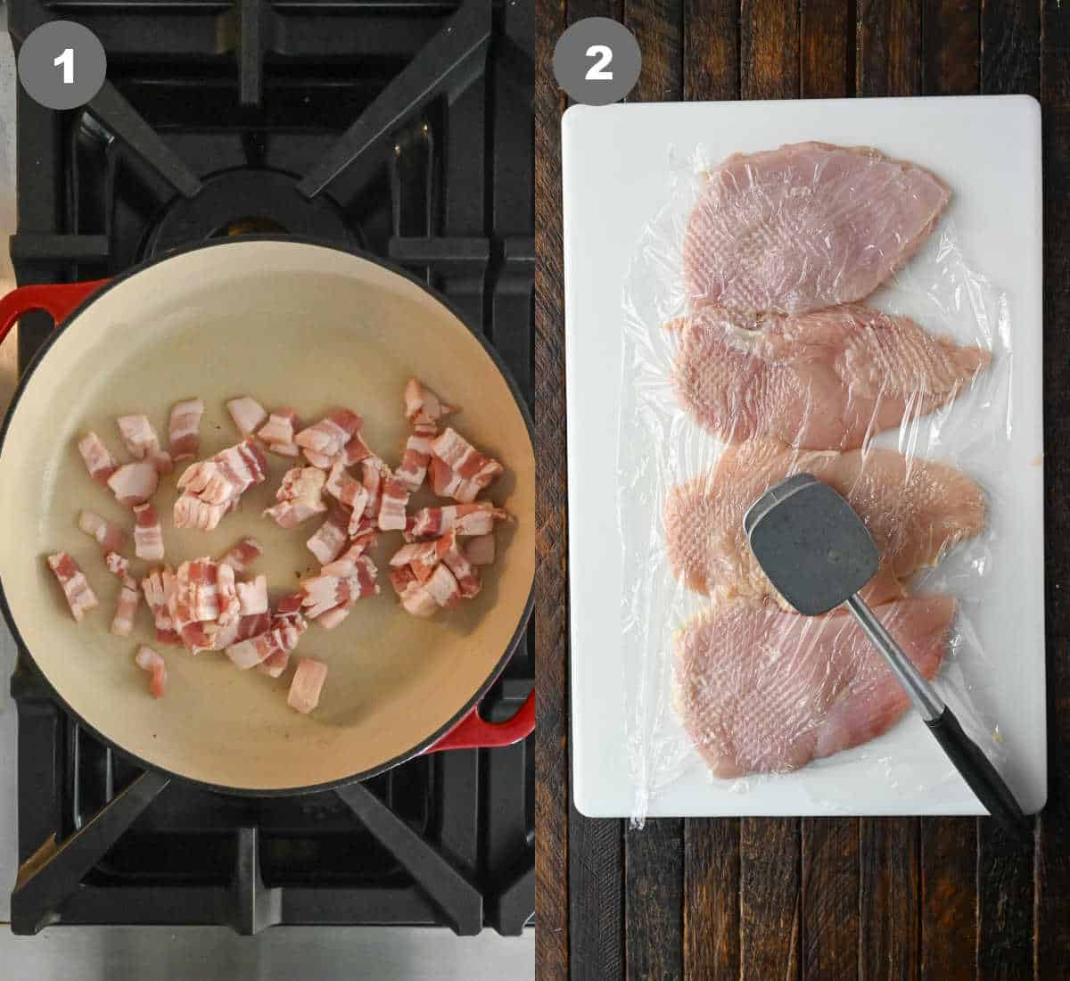 Bacon cooked in a skillet and chicken breasts pounded out on a cutting board.