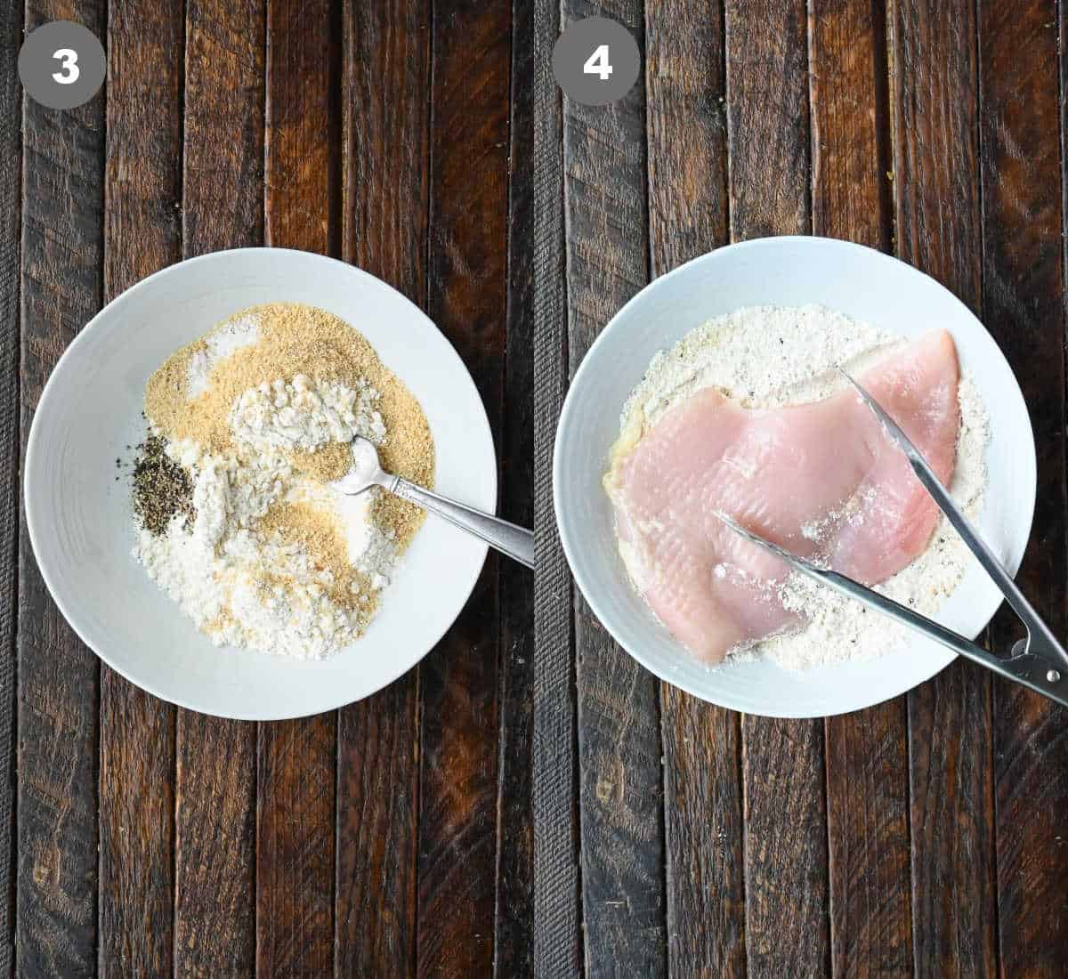 Flour and seasoning mixed together in a bowl then the chicken breasts tossed in flour coating.