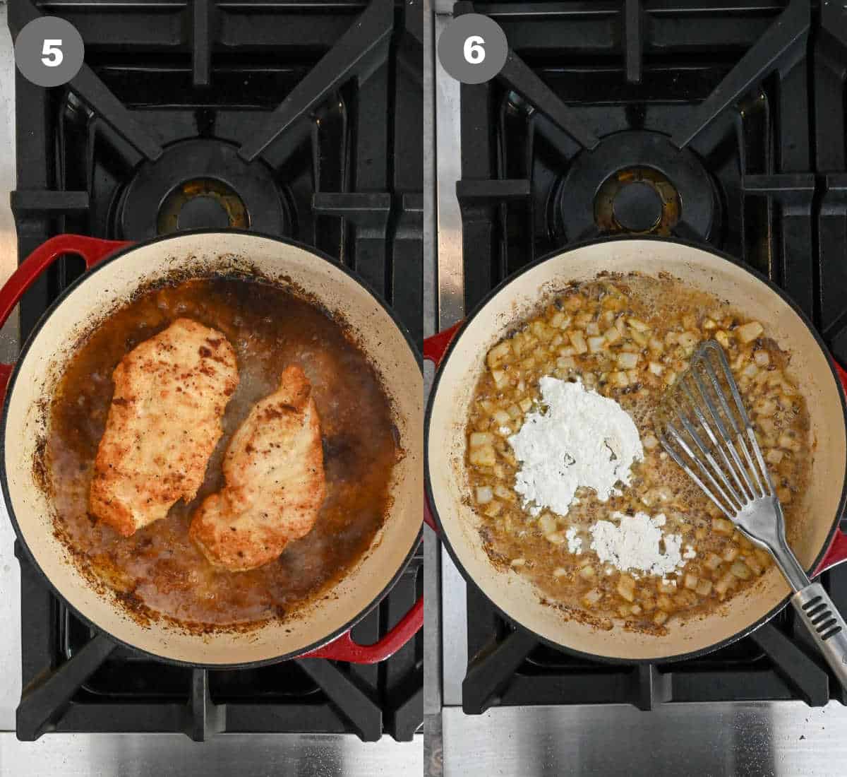 Chicken breasts fried in a skillet, removed then onion, and flour added in.