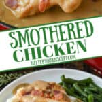 Smothered chicken in a skillet with a spatula picking up one pinterest pin.