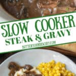 A wooden spoon scooping up some round steak and gravy pinterest pin.