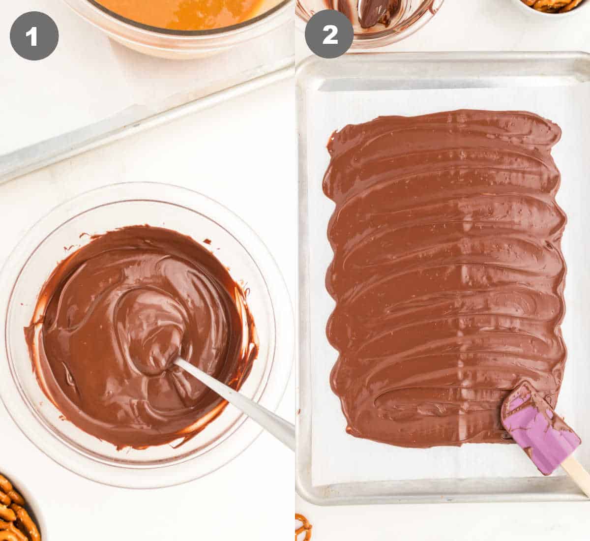 Melted chocolate in a bowl then spread onto parchment paper.