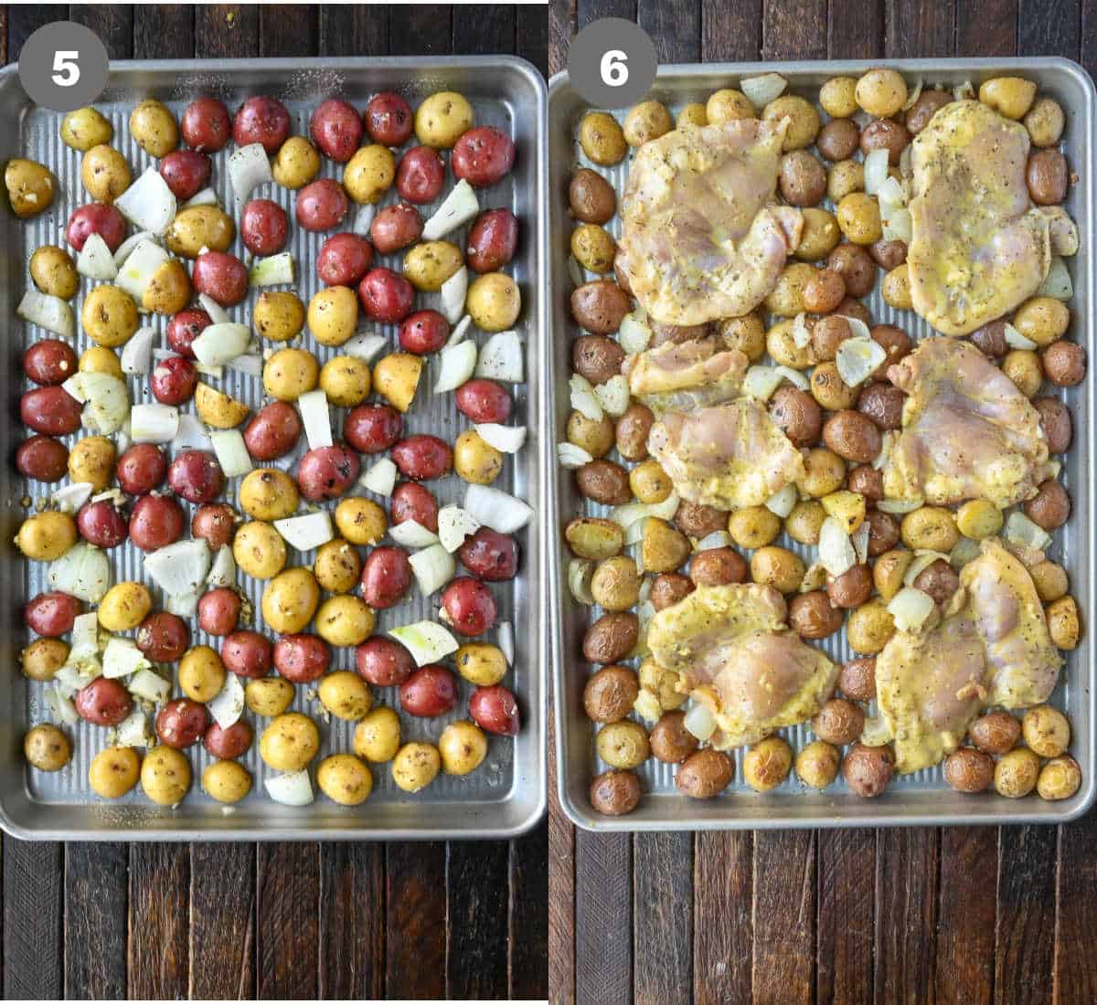 Potatoes and onion on a baking sheet, then chicken thighs added.