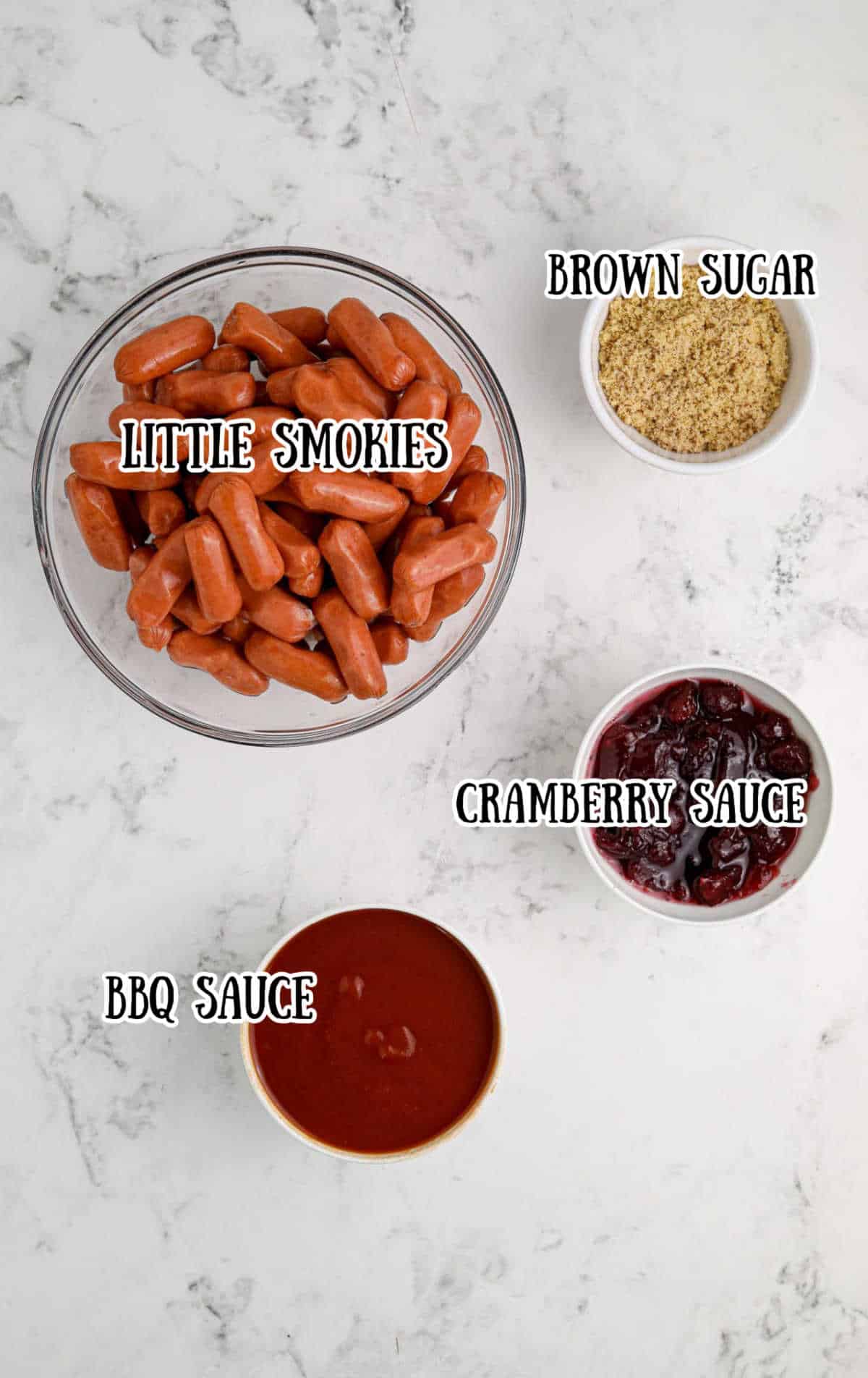 Labelled ingredients for slow cooker cranberry little smokies.