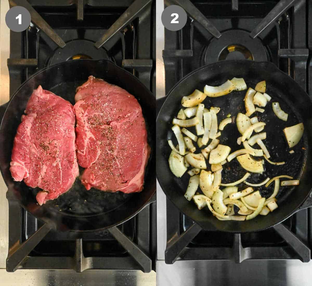 Round steak seared in a cast iron pan followed by the onions.