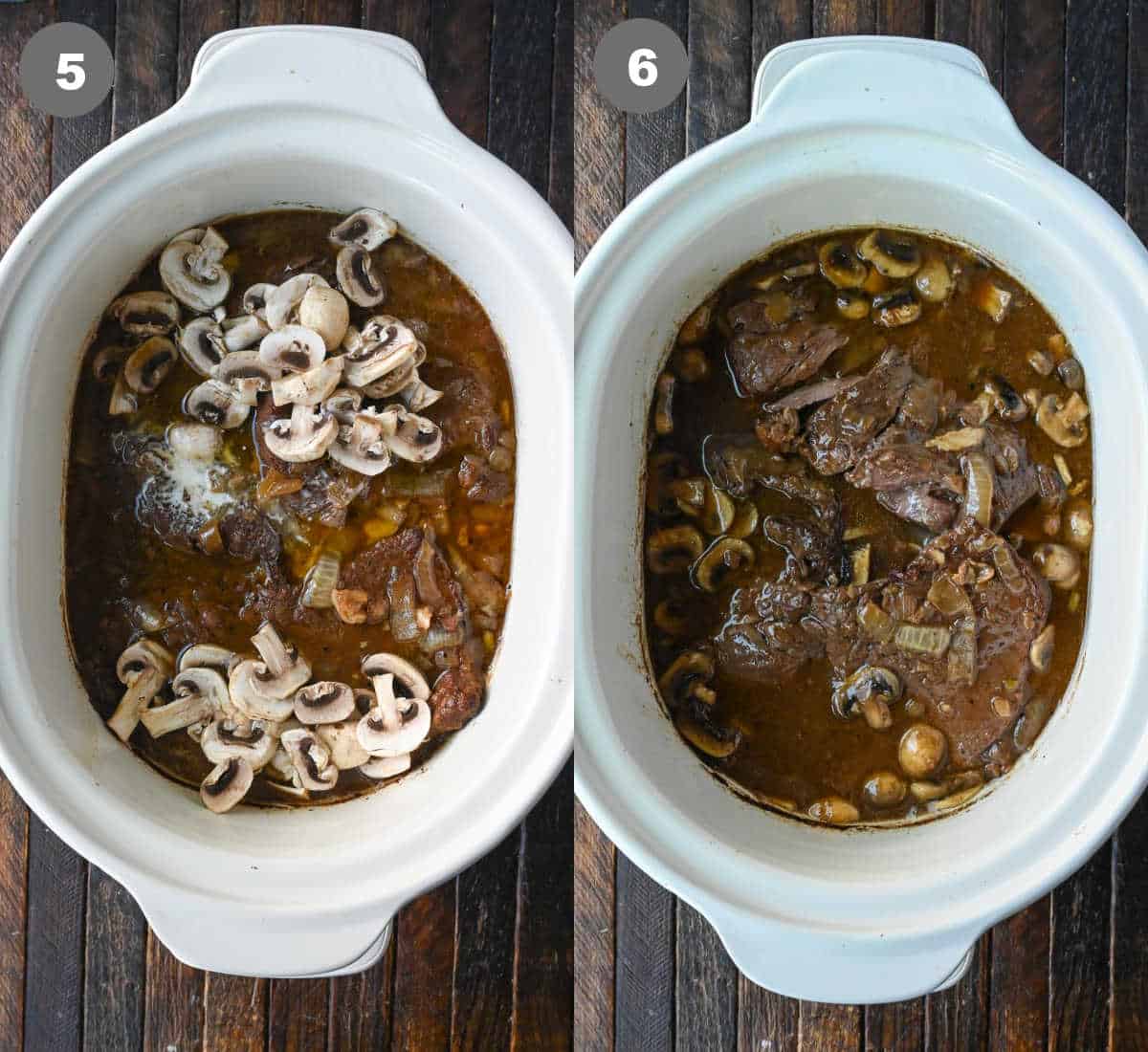 Sliced mushrooms and cornstarch added into the slow cooker.