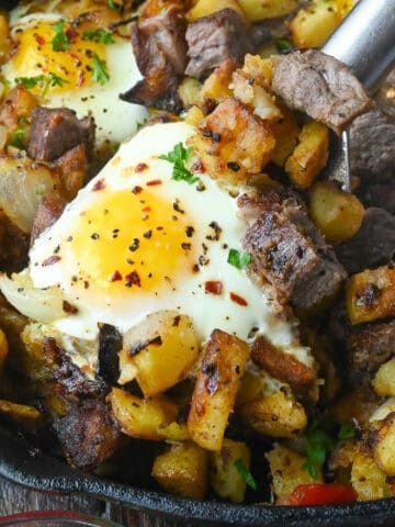 Close-up of steak and potato breakfast hash.