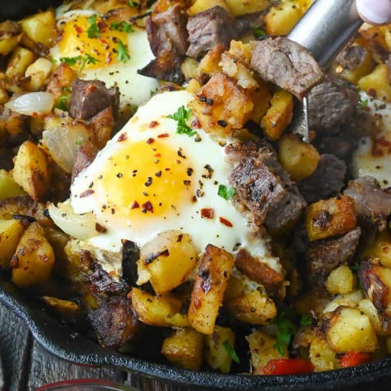 Close-up of steak and potato breakfast hash.