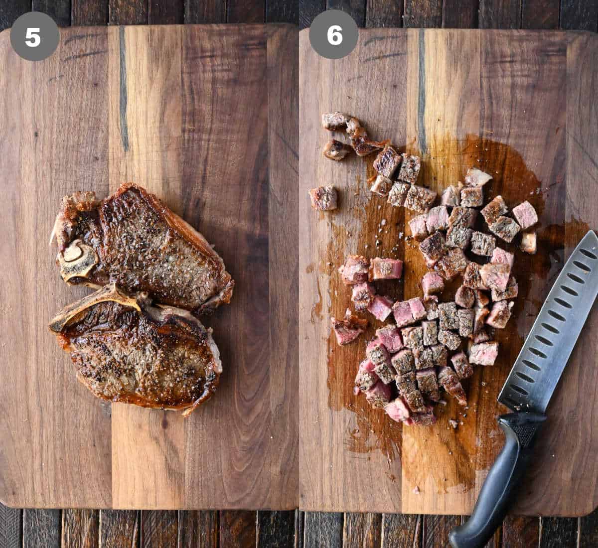 Steps 5 and 6 for making steak breakfast hash.
