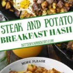 Pinterest graphic for steak and potato hash featuring two images of the dish.