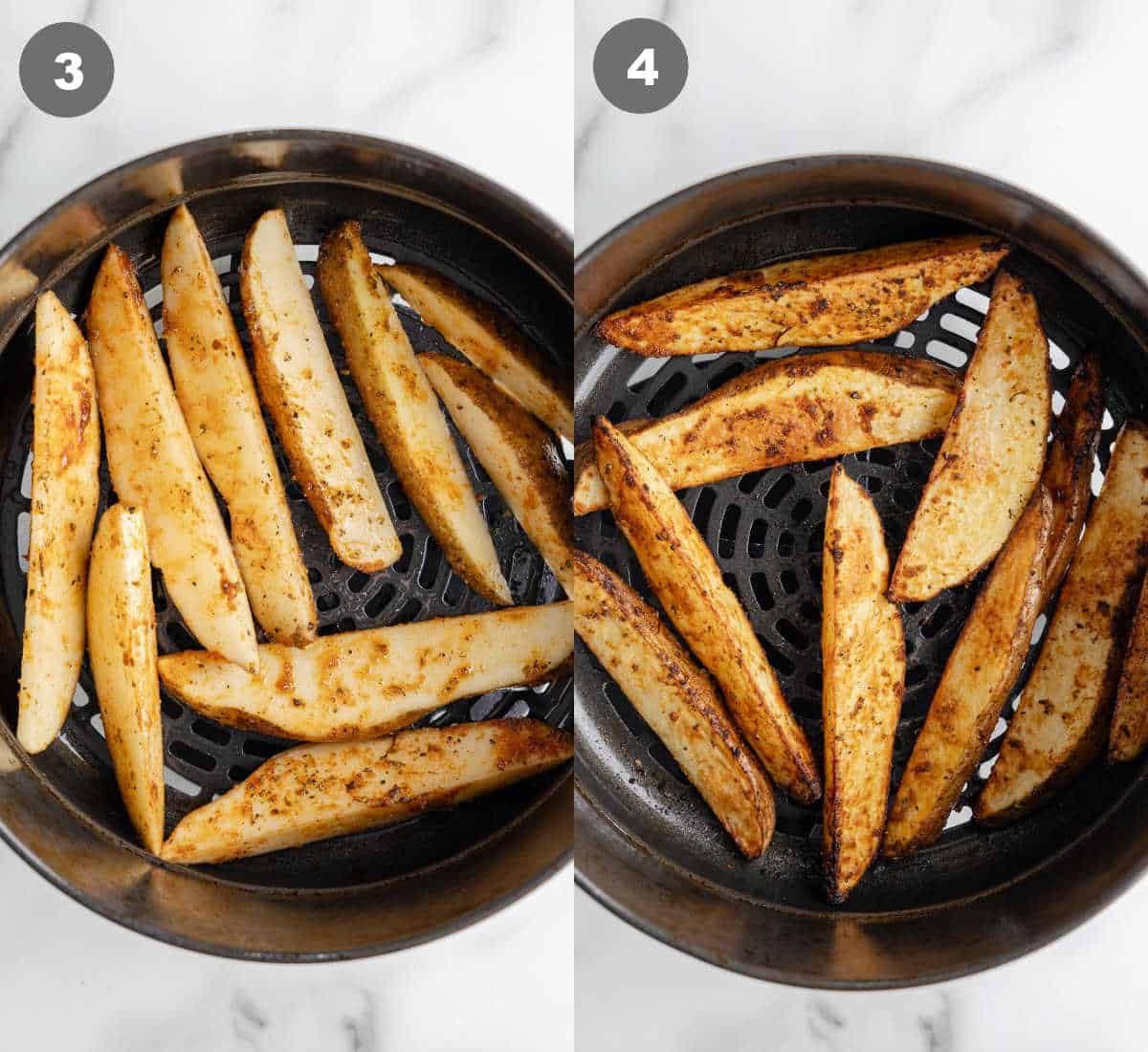Potato wedges placed into an air fryer basket and fried.