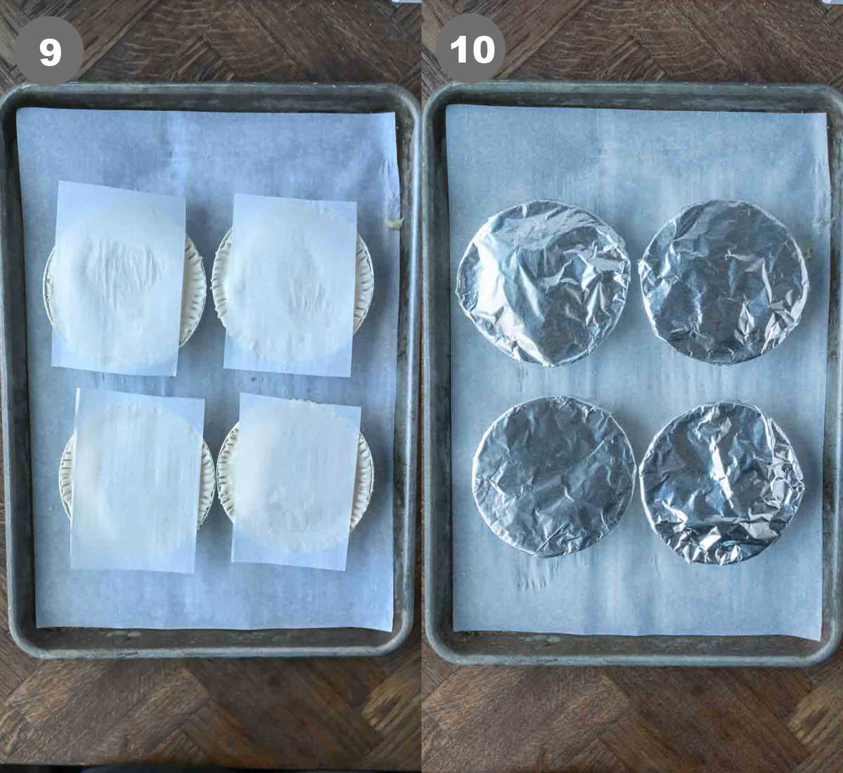 Parchment paper pieces on top of the pot pies. then foil wrapped each one up.
