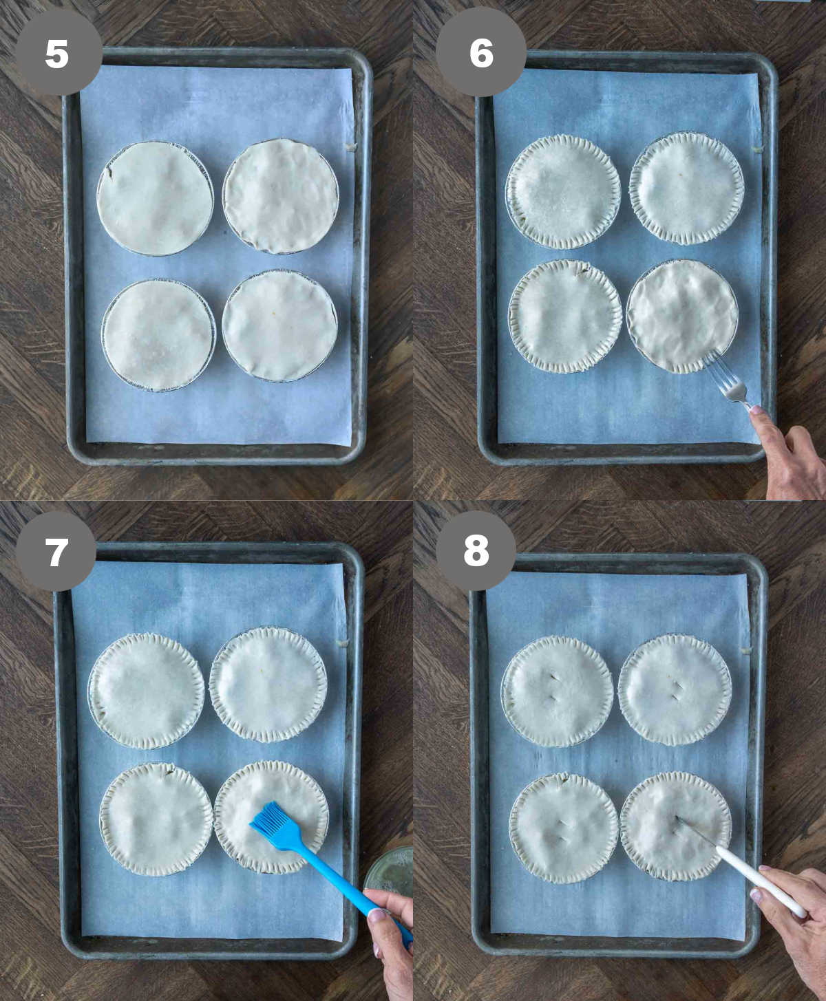 Mini freezer pot pies with egg wash brushed on top slits poked in the center.