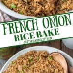 French onion baked rice in a bowl pinterest pin.