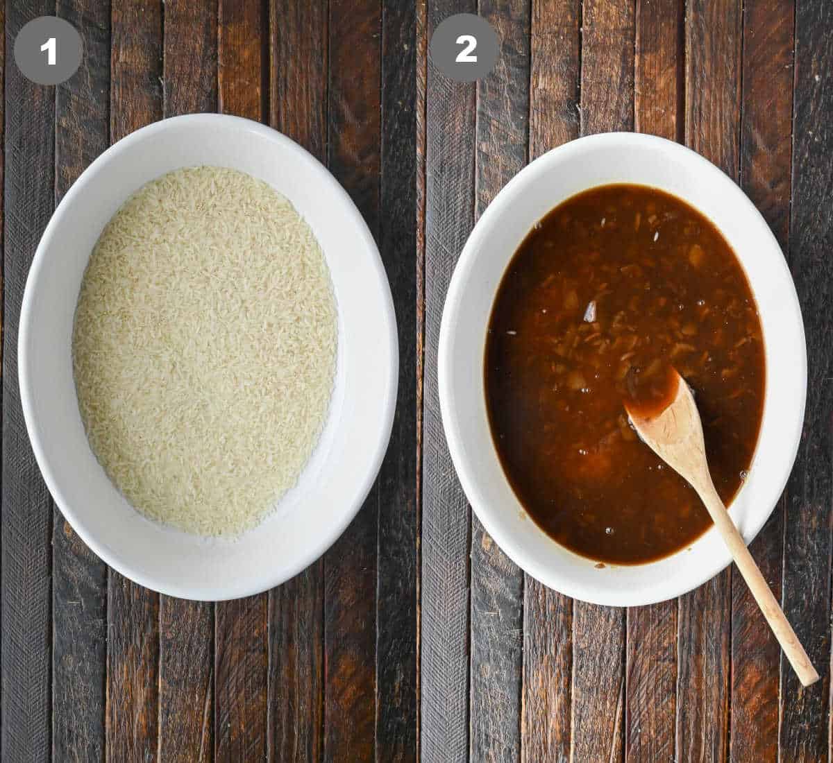 Long grain rice placed in a baking dish and liquid added in.
