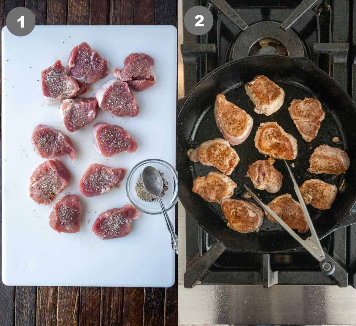 Steps 1 and 2 for cooking pork medallions.