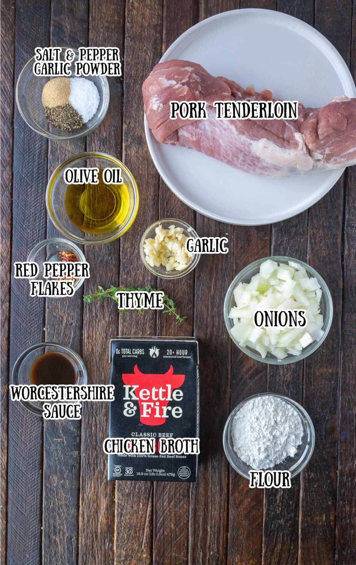 All the ingredients needed for pork medallions in gravy.