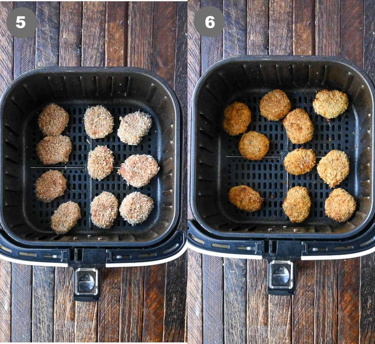Steps 5 and 6 for making chicken nuggets in the air fryer.